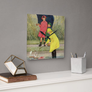 Reloj Cuadrado Niños Antiguos Jugando en Charcos "Un Día Lluvioso