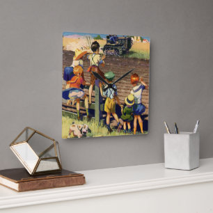 Reloj Cuadrado Niños antiguos saludando a un agricultor local en 