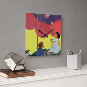 Reloj Cuadrado Niños antiguos soplando burbujas bajo un paraguas