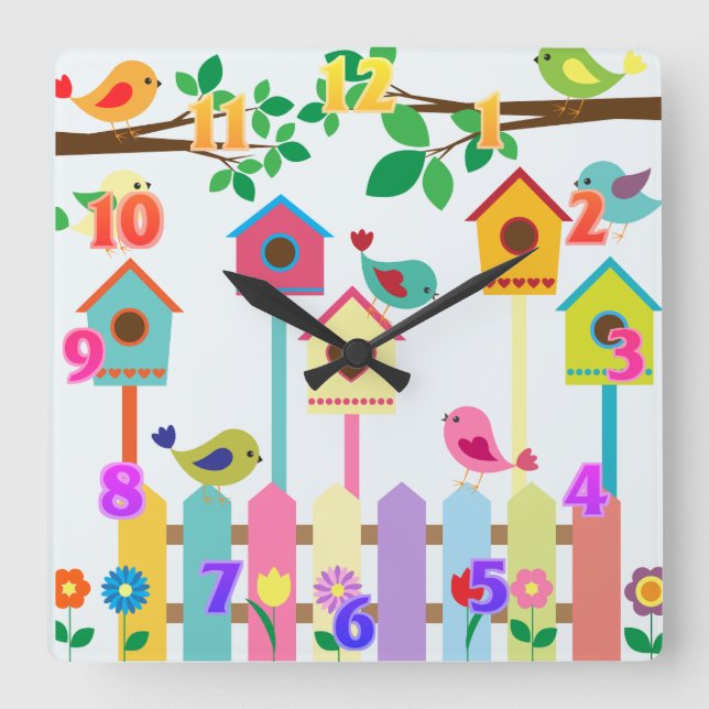 Reloj Cuadrado Niños Aves Paisaje Aves (Anverso)