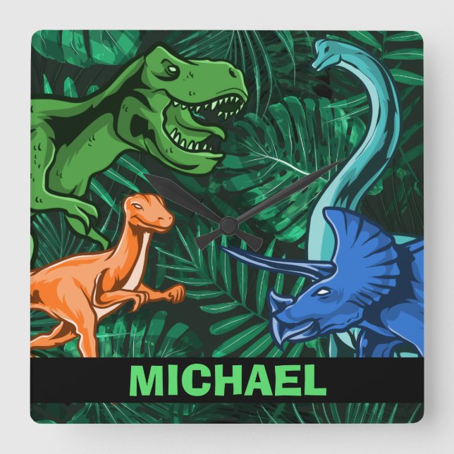 Reloj Cuadrado Niños dinosaurios Dino Jurassic Trex Boy personali (Anverso)