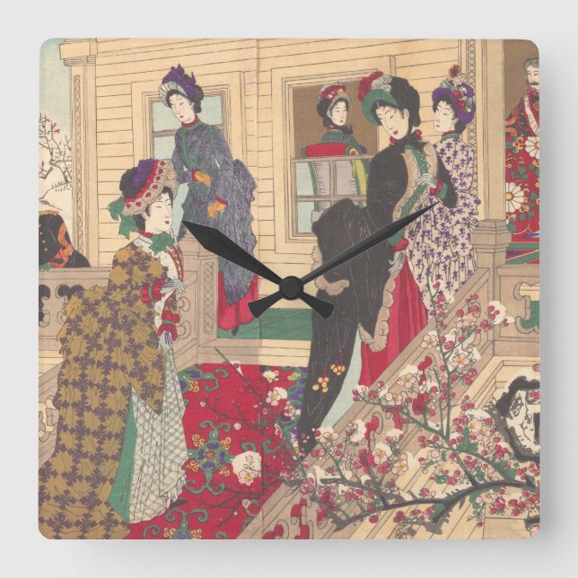 Reloj Cuadrado Niños jugando en la nieve bajo los ciruelas (Anverso)