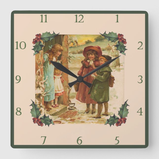 Reloj Cuadrado Niños Navidades victorianos rompen muro en la pare (Anverso)