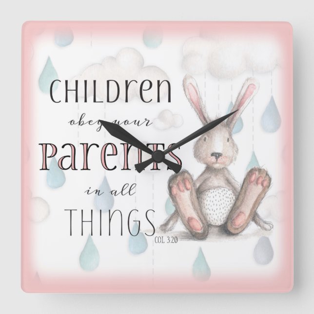 Reloj Cuadrado Niños Obedezcan A Sus Padres-Col 3:20 Rosa (Anverso)