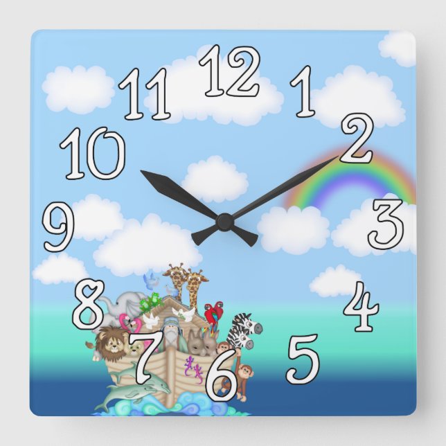 Reloj Cuadrado Noahs Ark Baby Nursery Wall Clock (Anverso)
