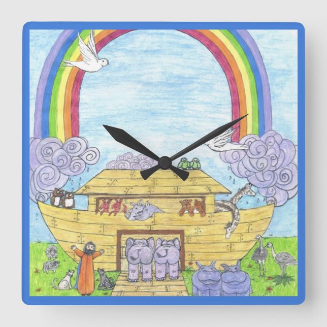 Reloj Cuadrado Noah's Ark Watercolor Rainbow Funny Elephant  (Anverso)