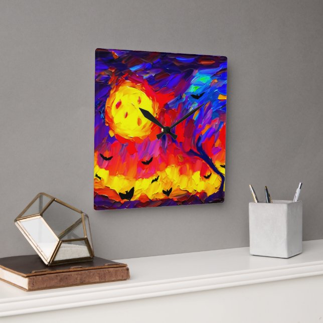 Reloj Cuadrado Noche de Halloween Resumen Moderno (Oficina)