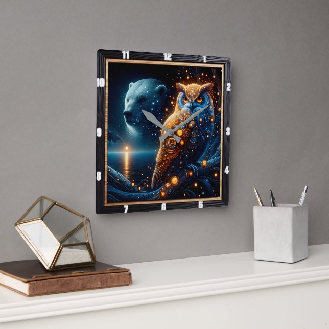 Reloj Cuadrado Noche encantada con oso y búho en armonía (Oficina)