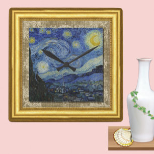 Reloj Cuadrado Noche estrellada, Vincent Van Gogh, tela enmarcada