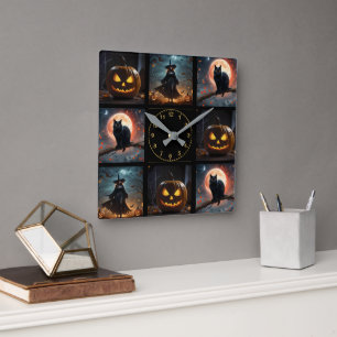 Reloj Cuadrado "Noche malvada: Asustada bruja de Halloween y sus 