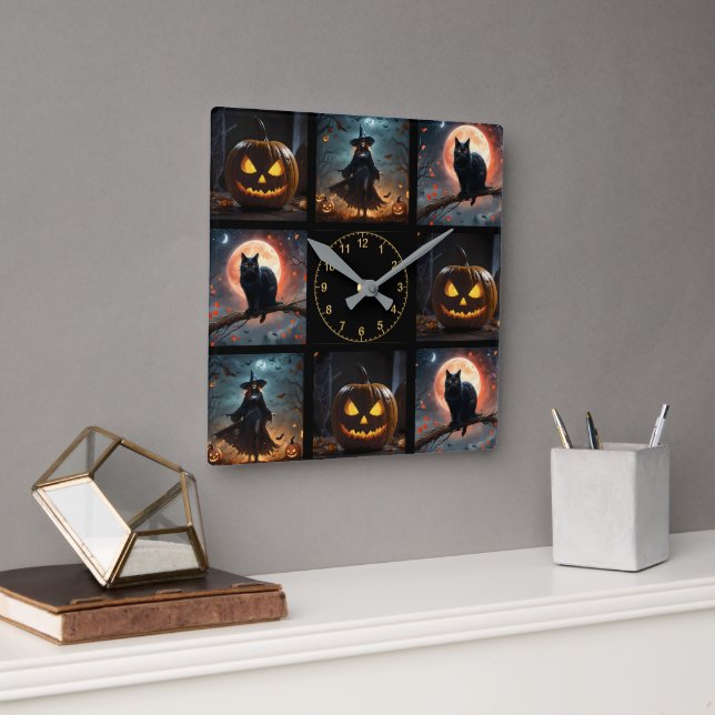 Reloj Cuadrado "Noche malvada: Asustada bruja de Halloween y sus  (Oficina)