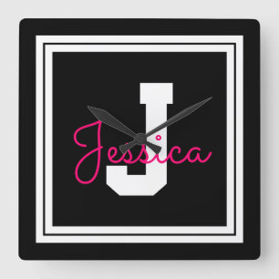 Reloj Cuadrado Nombre con marco y monograma   Blanco negro y rosa