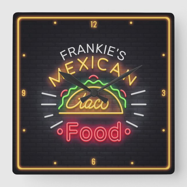 Reloj Cuadrado NOMBRE DE AÑO Retro Faux Neon Comida Mexicana Taco (Anverso)