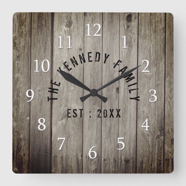 Reloj Cuadrado Nombre de familia de la granja de madera marrón (Anverso)