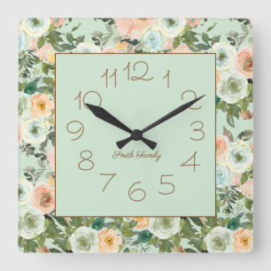 Reloj Cuadrado Nombre de familia floral acuarela menta melocotón