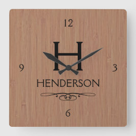 Reloj Cuadrado Nombre de familia Monograma de Madera Moderna