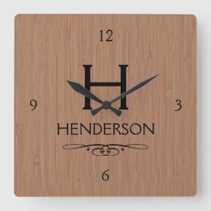 Reloj Cuadrado Nombre de familia Monograma de Madera Moderna