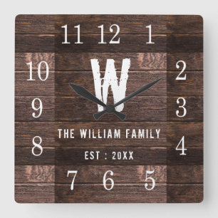 Reloj Cuadrado Nombre de familia monogramada rustica de madera pe