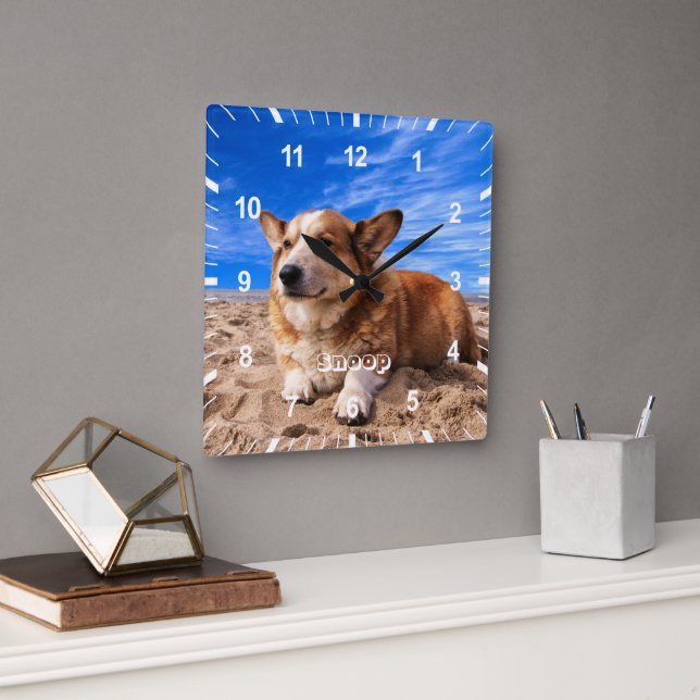 Reloj Cuadrado Nombre de foto de perro de gato Mascota personaliz (Oficina)