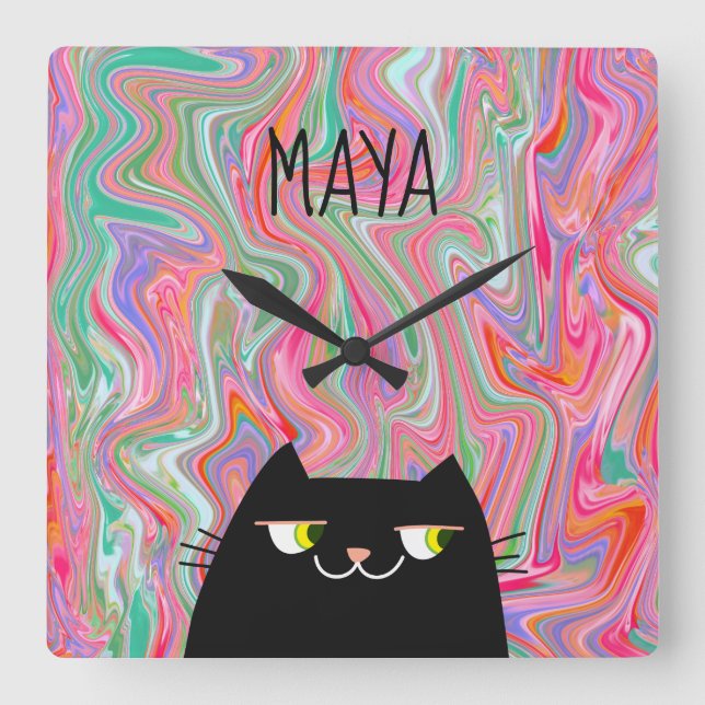 Reloj Cuadrado Nombre de monograma del patrón de arte negro para  (Anverso)