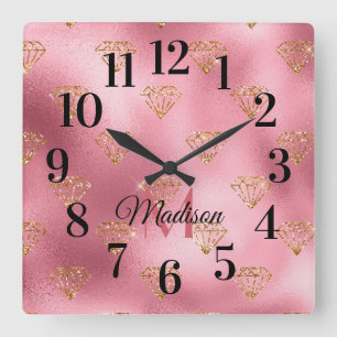 Reloj Cuadrado Nombre de monograma dorado rosa brillante con bril