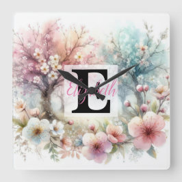 Reloj Cuadrado Nombre de monograma en acuarela Flores en pasteles
