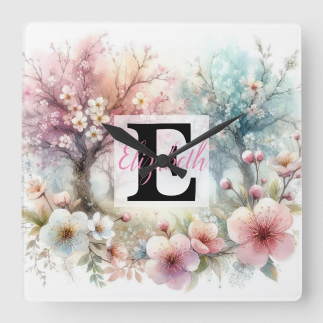 Reloj Cuadrado Nombre de monograma en acuarela Flores en pasteles (Anverso)