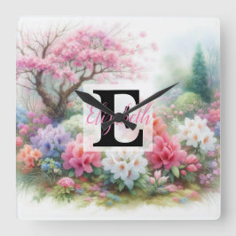 Reloj Cuadrado Nombre de monograma en acuarela Flores en pasteles