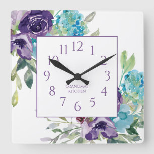 Reloj Cuadrado Nombre floral acuarela azul púrpura blanco