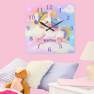 Reloj Cuadrado Nombre personalizado Clouds Unicorn Sparkle