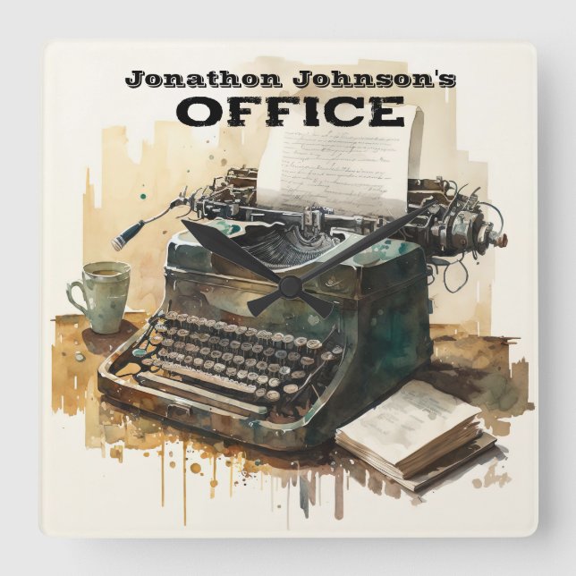Reloj Cuadrado Nombre personalizado de máquina de escribir Office (Anverso)