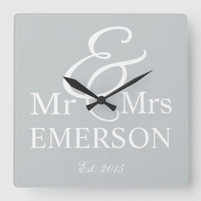Reloj Cuadrado Nombre personalizado de Sr. y Sra. (Anverso)