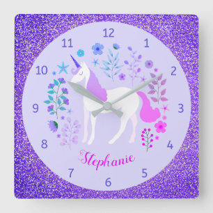 Reloj Cuadrado Nombre personalizado de unicornio morado Purpurina