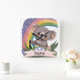 Reloj Cuadrado Nombre personalizado del bebé de Koala Arcoiris