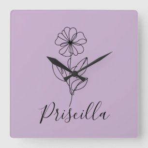 Reloj Cuadrado Nombre personalizado Flower violet de febrero