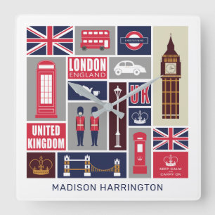 Reloj Cuadrado Nombre personalizado Londres Reino Unido Iconos