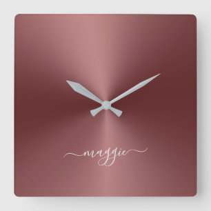 Reloj Cuadrado Nombre personalizado Maroon Estilo metálico acrí