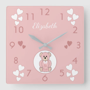 Reloj Cuadrado Nombre personalizado Pink Teddy Bear baby baby