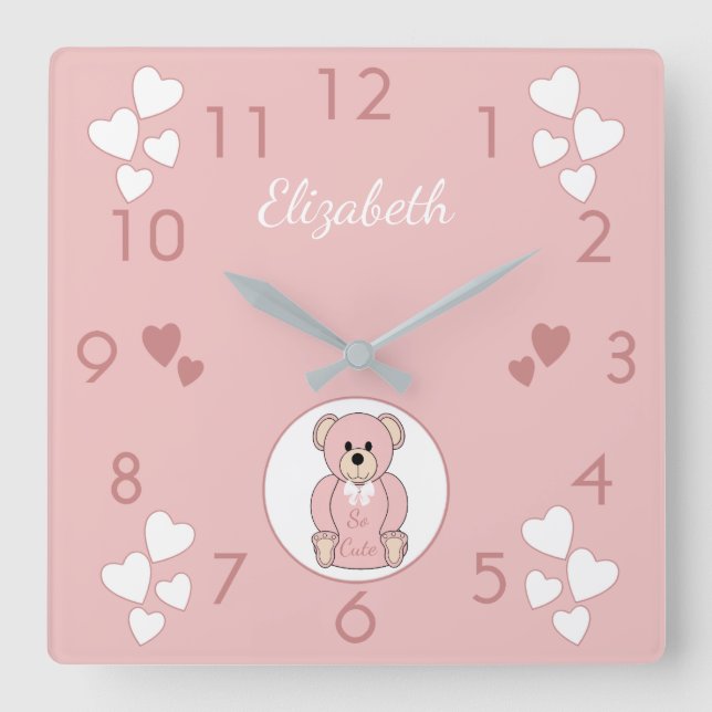 Reloj Cuadrado Nombre personalizado Pink Teddy Bear baby baby (Anverso)