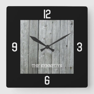 Reloj Cuadrado Nombre personalizado Placas de madera rústica negr