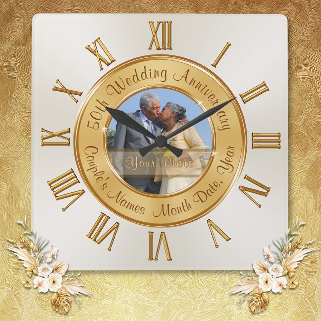 Reloj Cuadrado Nombres y foto de regalo de 50 años de Boda (50 year wedding anniversary gifts for friends, grandparents, parents. 50th anniversary clock. Golden)