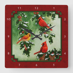 Reloj Cuadrado Northern Cardinals and Holly Red
