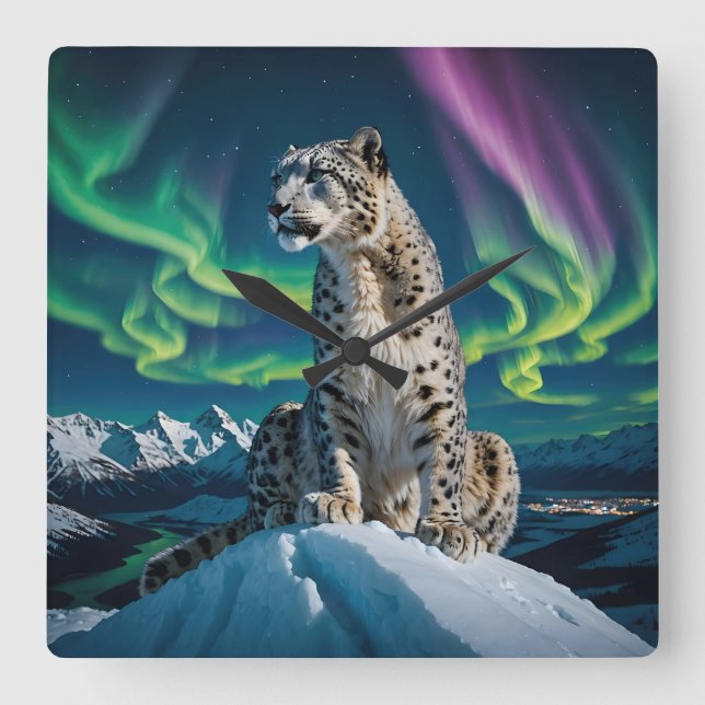 Reloj Cuadrado “Northern Sky Wanderer” – Snow Leopard Portrait (Anverso)