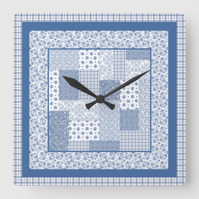Reloj Cuadrado Nostalgic Indigo Faux Patchwork Square Wall Clock (Anverso)