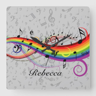 Reloj Cuadrado Notas musicales del arco iris negro sobre gris