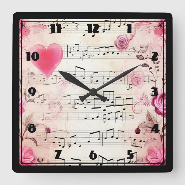 Reloj Cuadrado Notas musicales y Rosas Diseño vintage (Anverso)