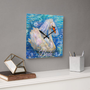 Reloj Cuadrado Novia cisne con velo en agua azul blanco personali