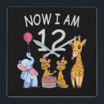 Reloj Cuadrado Now I am 12 years old 12th Birthday at the Zoo<br><div class="desc">Happy 12th Birthday. Funny and lovely Kids Birthday design with a cute Elephant,  two ferrets and a giraffe celebrating your birthday at the zoo.</div>
