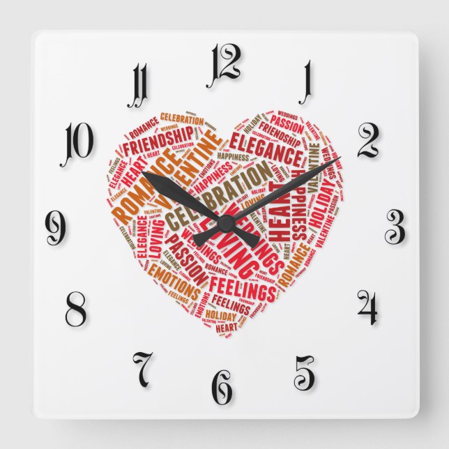 Reloj Cuadrado Nube de palabras de forma de corazón (Anverso)