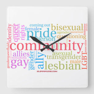 Reloj Cuadrado nube de palabras de la comunidad arcoíris LGBTQ+ d